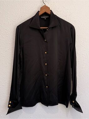 Louis Feraud black satiny gold button up dress top blouse women’s 10